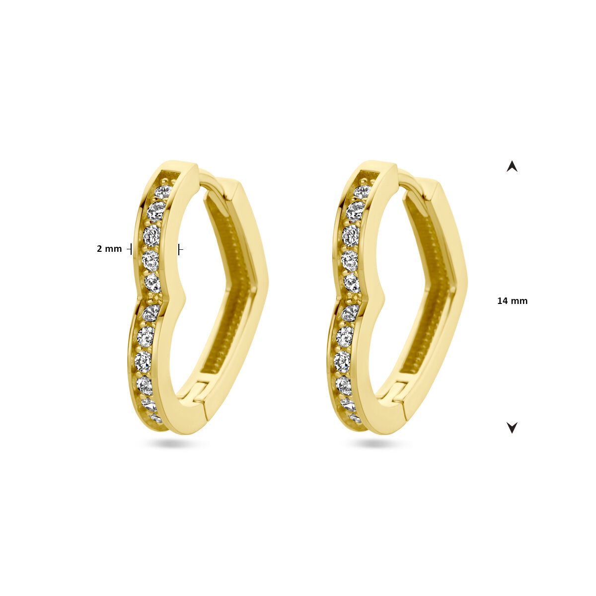 14K Gold Damenohrringe mit Herz und Zirkonia – 14 mm