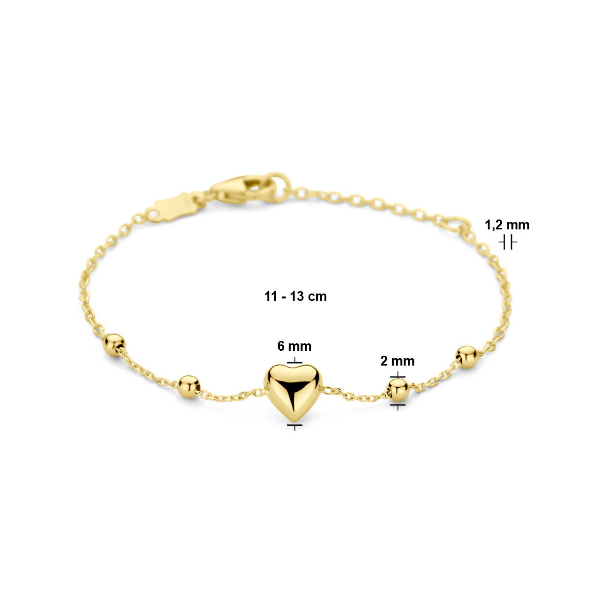 14 Karat Gelbgold Kinderarmband mit Herzchen und Kügelchen