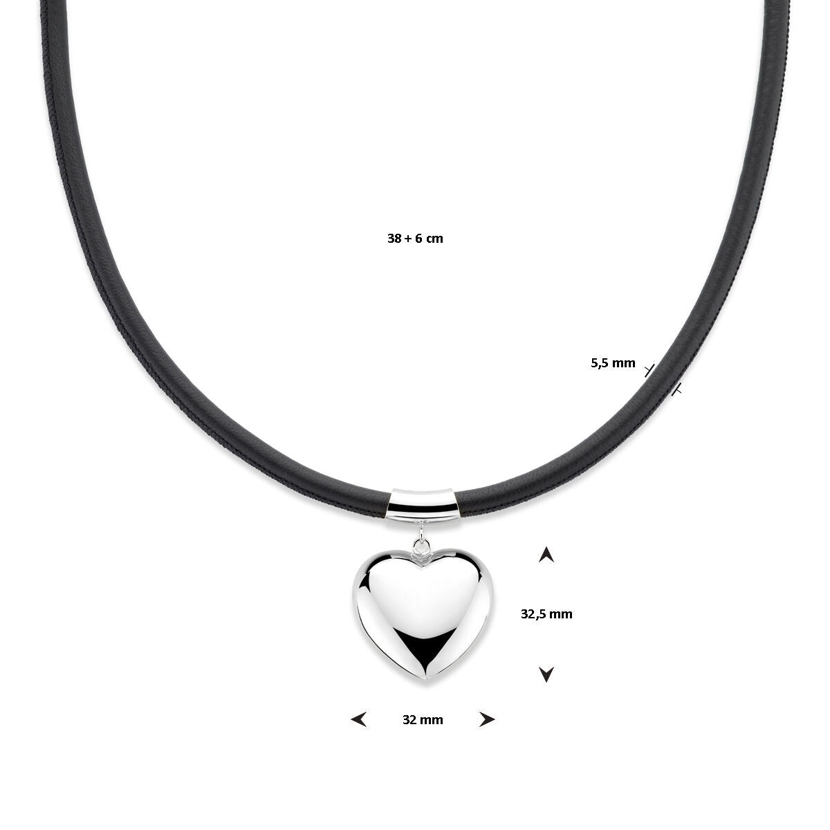 Rhodiniertes Silbercollier mit Herz und schwarzem Band