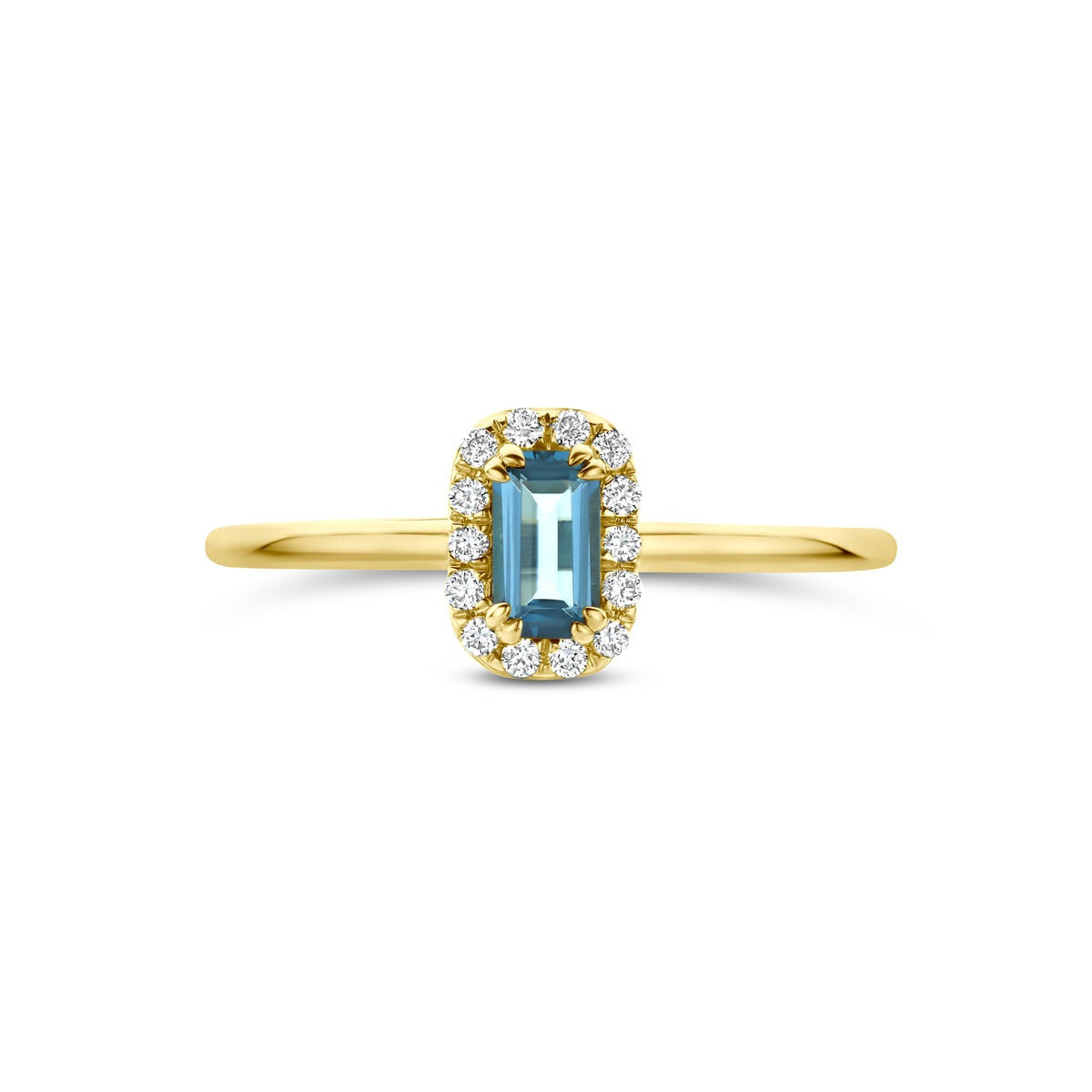 14 Karat Gelbgold Entourage-Ring mit London Blue Topas und im Labor gezüchtetem Diamanten