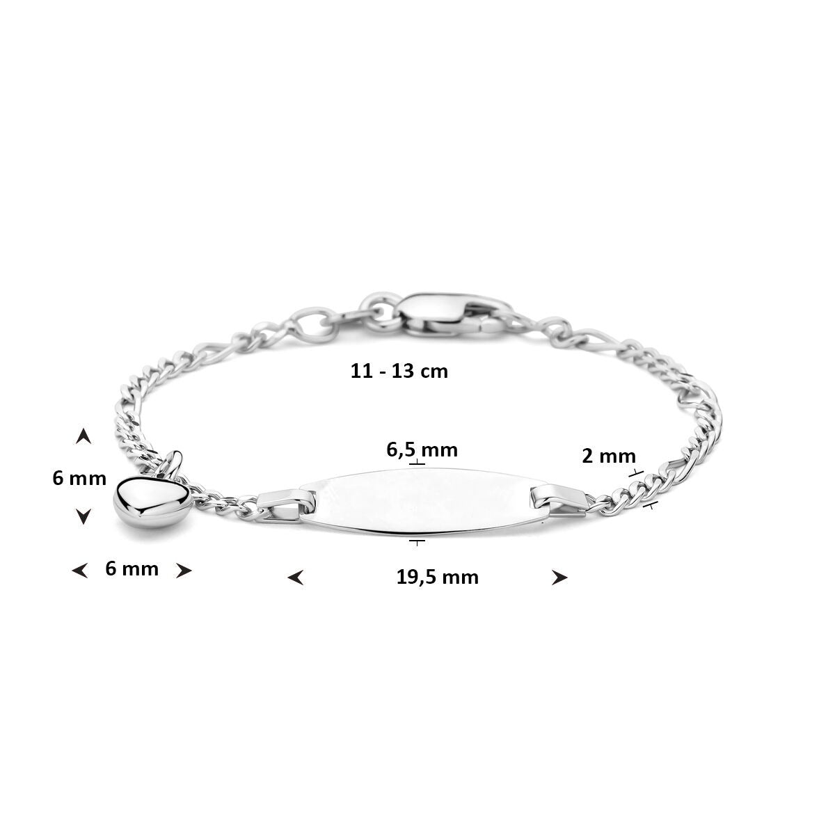 Kinderarmband aus Sterlingsilber mit Gravur und Herz – rhodiniert