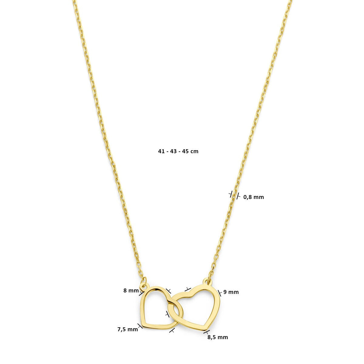 14 Karat Gold Damenhalskette mit zwei Herzen – 45 cm