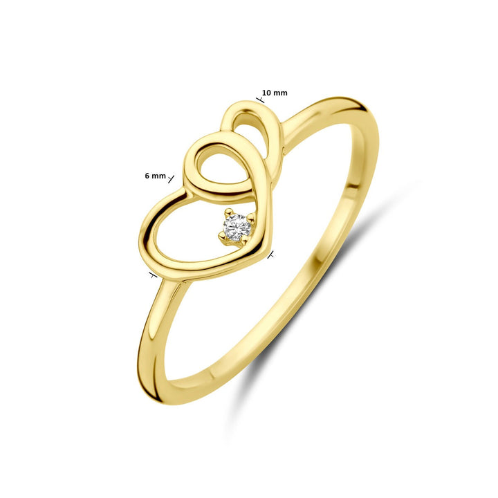 9k Geelgouden ring met hartjes en zirkonia
