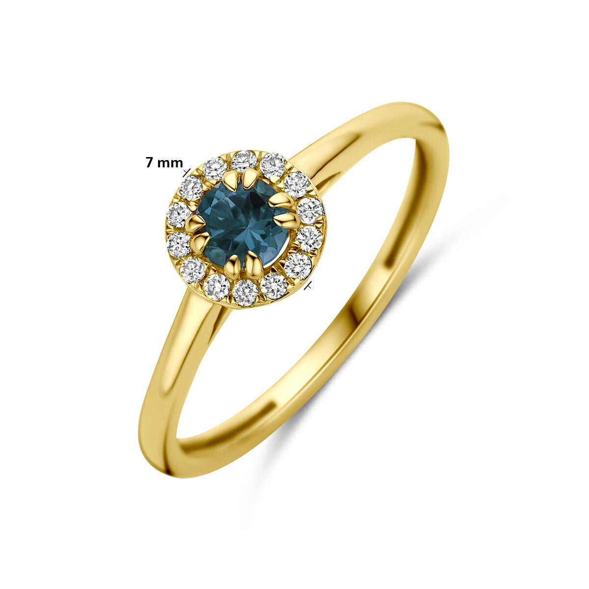 14K Gelbgoldring mit London Blue Topas und im Labor gezüchtetem Diamanten