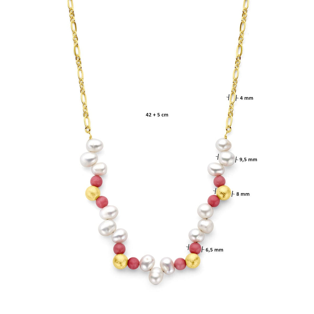 Halskette Kugeln, Perlen und rosa Jade 42 + 5 cm 3 Mikron Silber vergoldet (gelb)