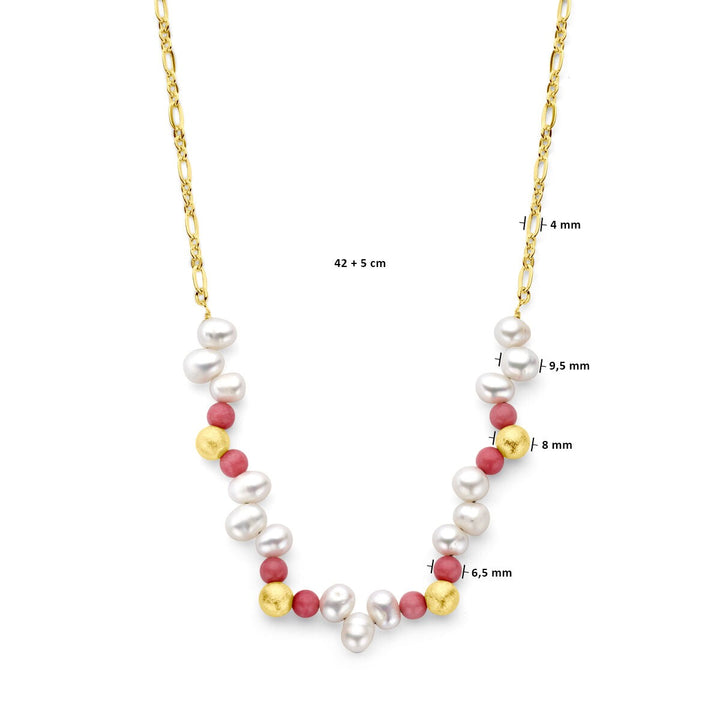 Halskette Kugeln, Perlen und rosa Jade 42 + 5 cm 3 Mikron Silber vergoldet (gelb)