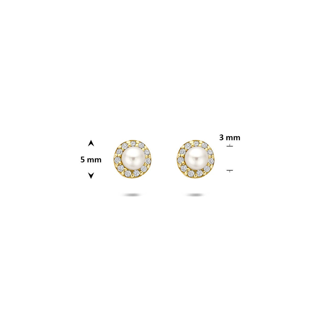 14k Geelgouden Oorknoppen met Parel en Zirkonia