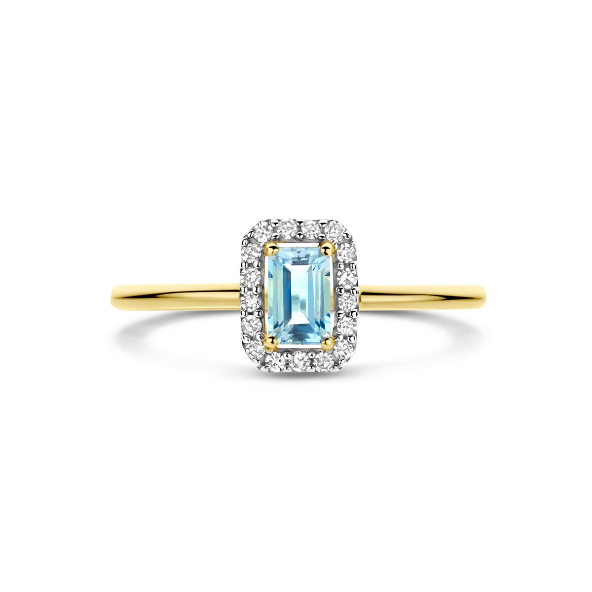 Goldener Damenring mit Aquamarin und Diamant – 14 Karat Gelbgold
