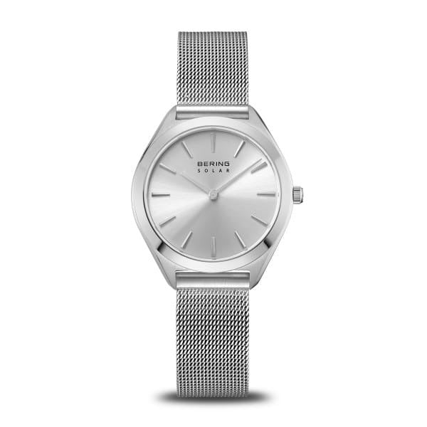 Damen Solar-Uhr mit silbernem Zifferblatt und silbernem Mesh-Armband