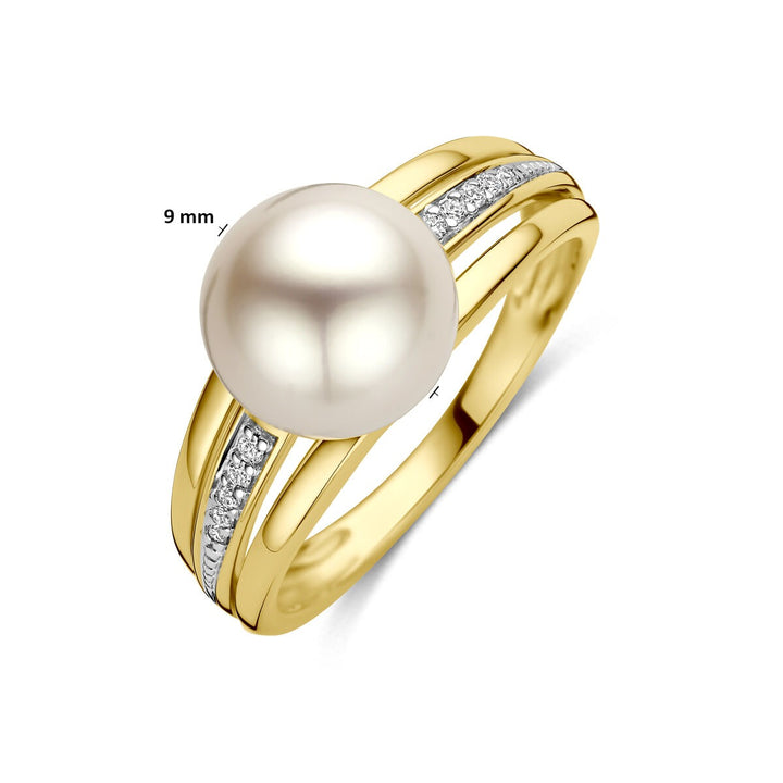 14k Geelgouden ring met parel en diamant