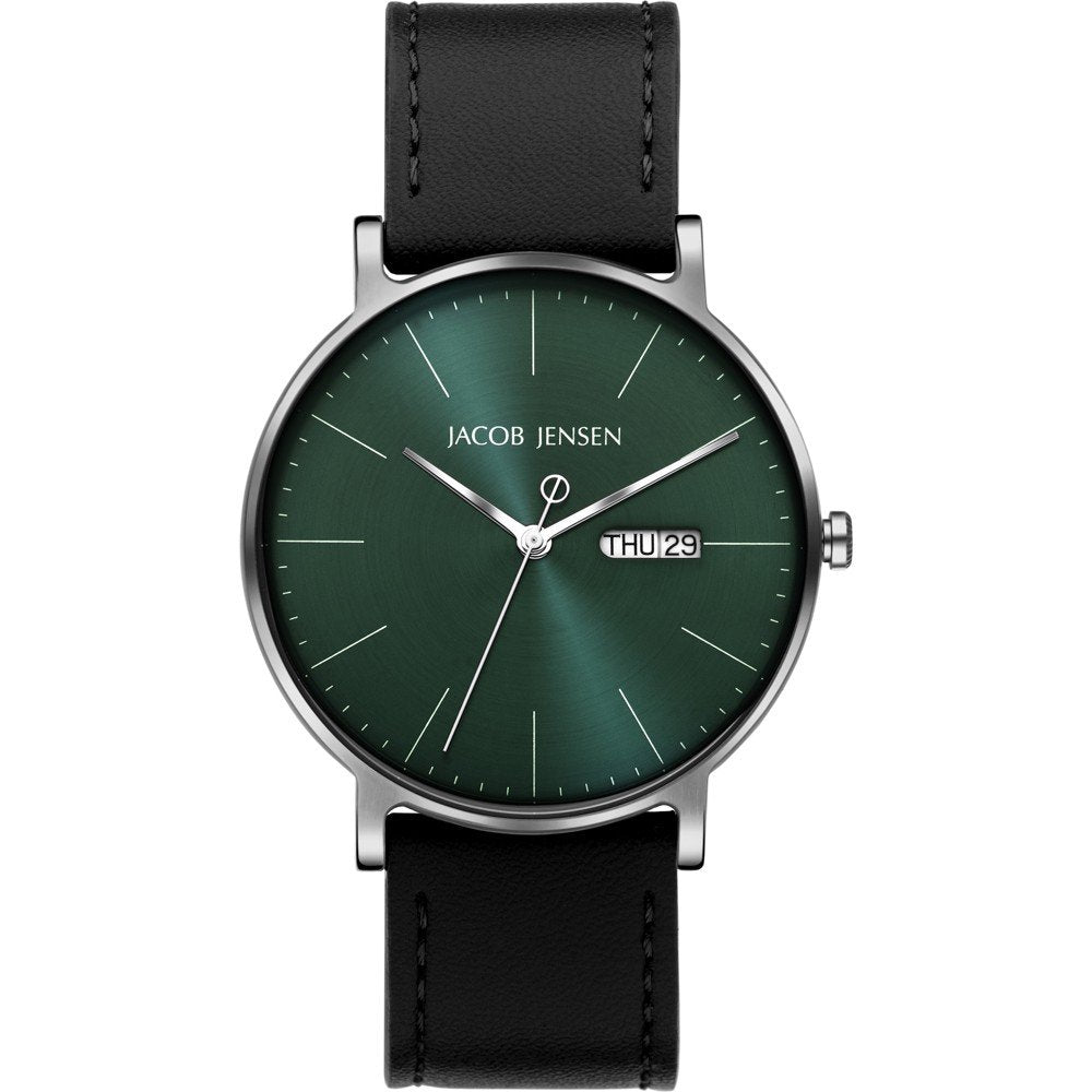 Uhr mit grünem Zifferblatt, schwarzem Lederarmband und Datumsanzeige