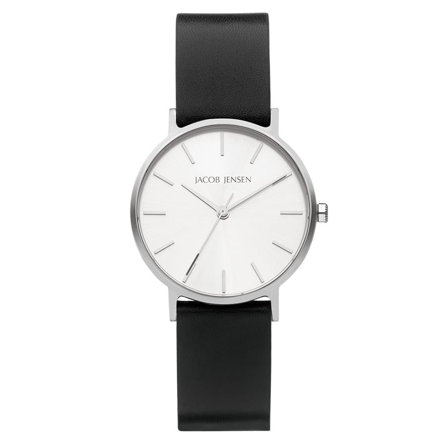 Uhr mit silbernem Gehäuse, weißem Zifferblatt und schwarzem Lederarmband
