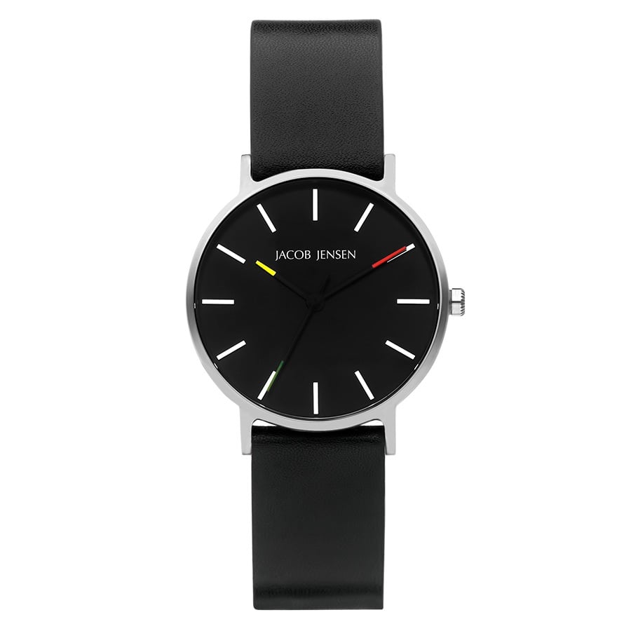 Uhr mit schwarzem Zifferblatt, silbernem Gehäuse und schwarzem Lederarmband
