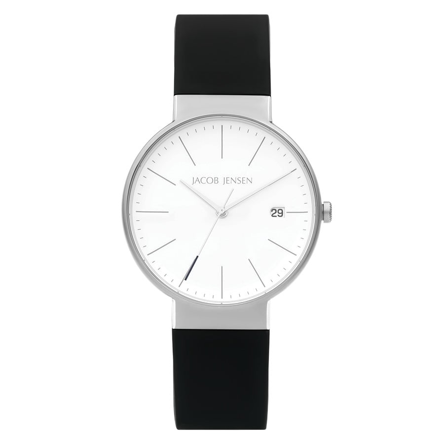 Uhr mit silbernem Gehäuse, weißem Zifferblatt und schwarzem Silikonarmband
