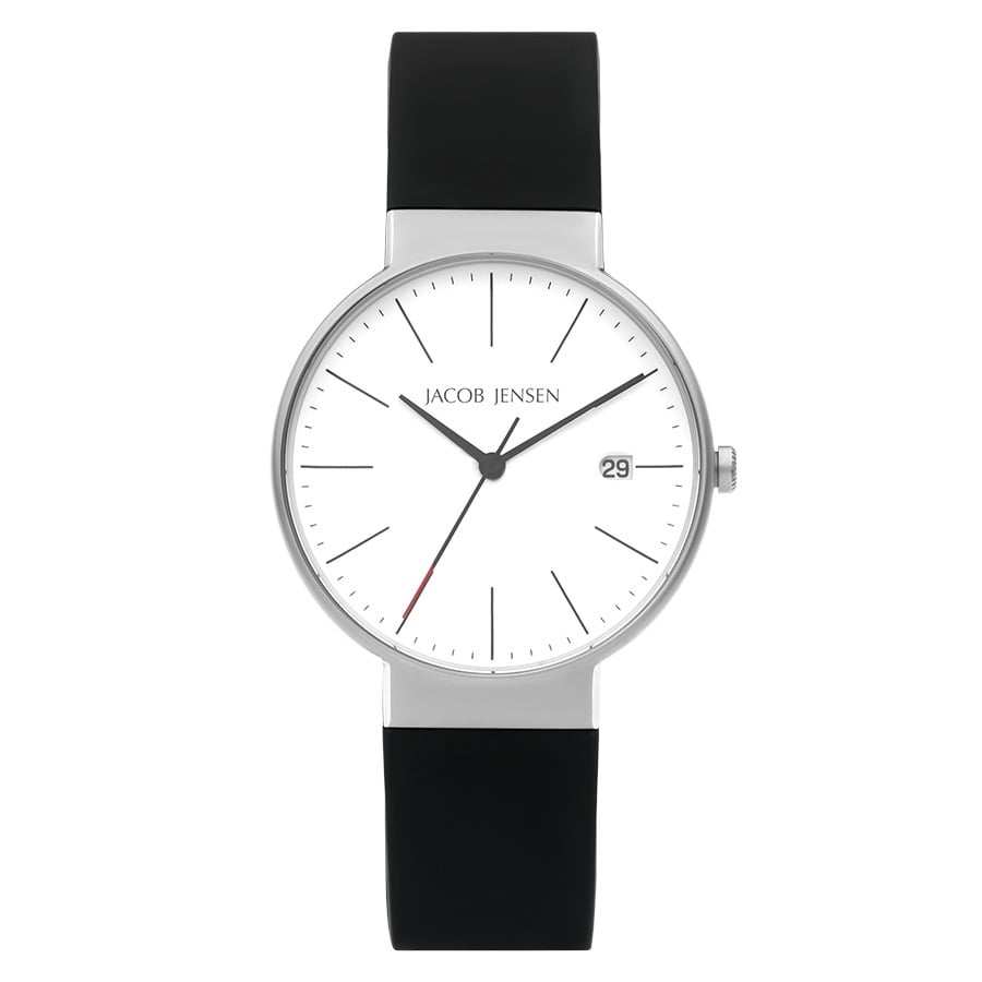 Uhr mit silbernem Gehäuse, weißem Zifferblatt und schwarzem Silikonarmband