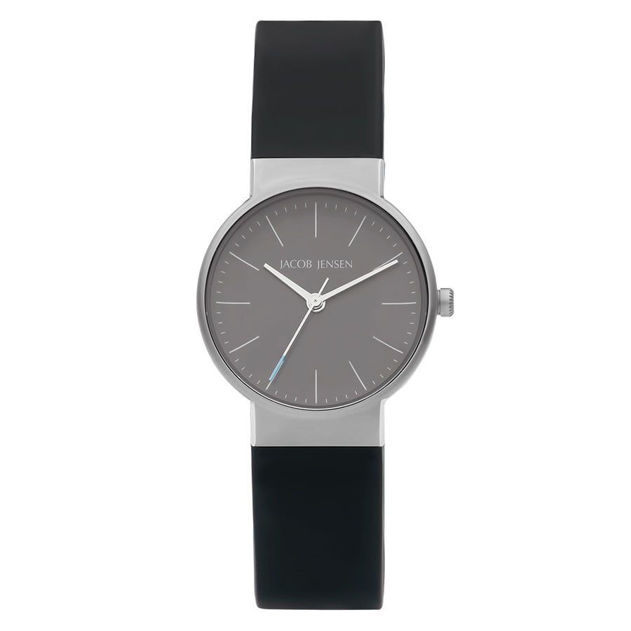 Uhr mit grauem Zifferblatt, silbernem Gehäuse und schwarzem Armband