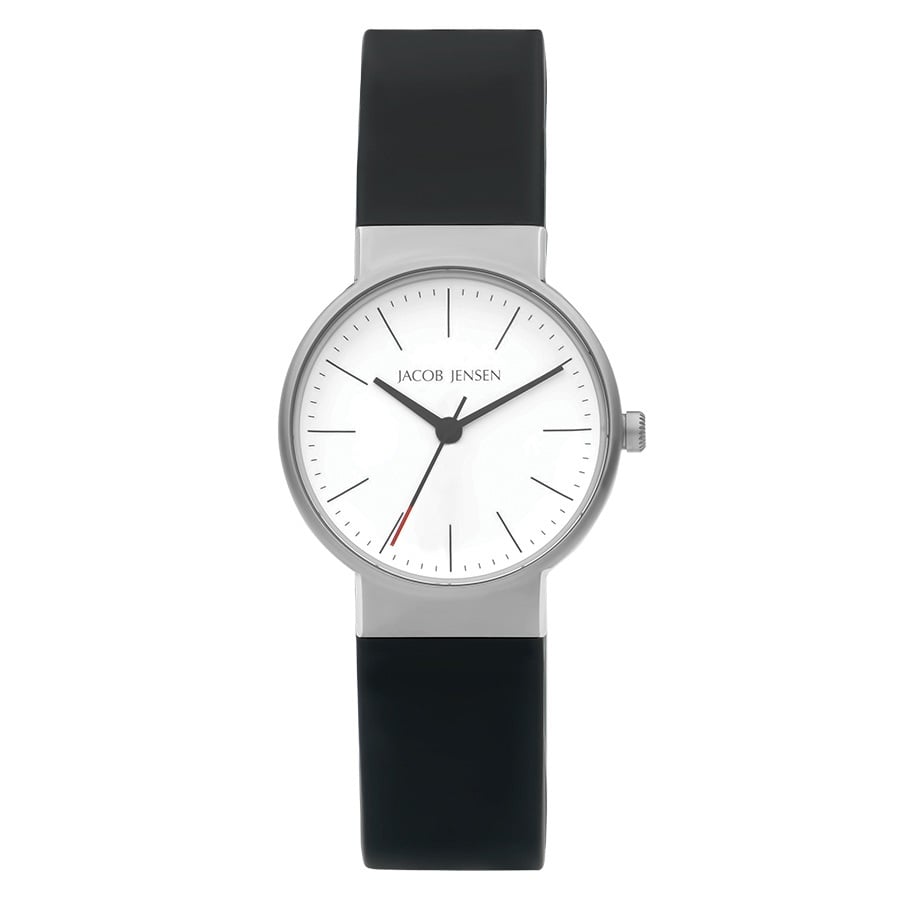 Uhr mit silbernem Gehäuse, weißem Zifferblatt und schwarzem Armband
