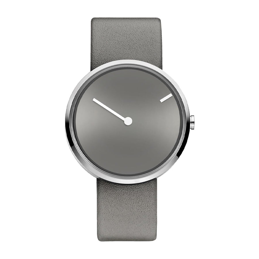Uhr mit grauem Zifferblatt und grauem Lederarmband, minimalistisches Design mit zwei Zeigern