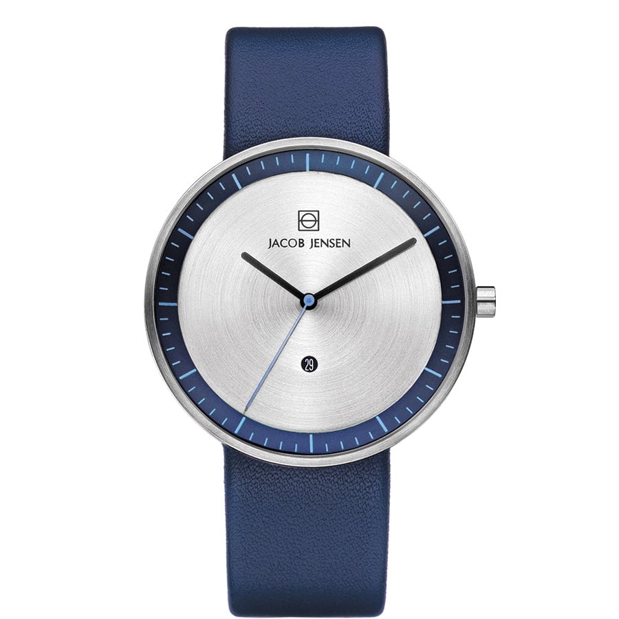 Uhr mit silbernem Zifferblatt, blauer Lünette und blauem Lederarmband