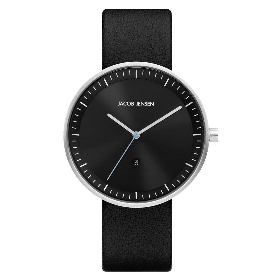 Uhr mit schwarzem Zifferblatt, silbernem Gehäuse und schwarzem Lederarmband