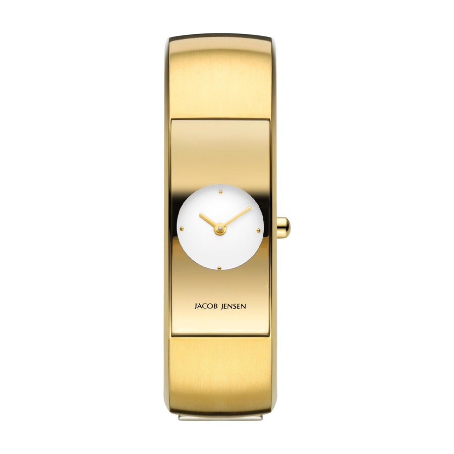 Uhr mit goldfarbenem Gehäuse, weißem Zifferblatt und minimalistischer Anzeige