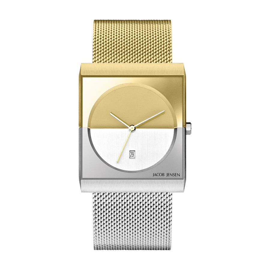Quadratische Uhr mit goldenem und silbernem Gehäuse, silbernem Mesh-Armband und weißem Zifferblatt
