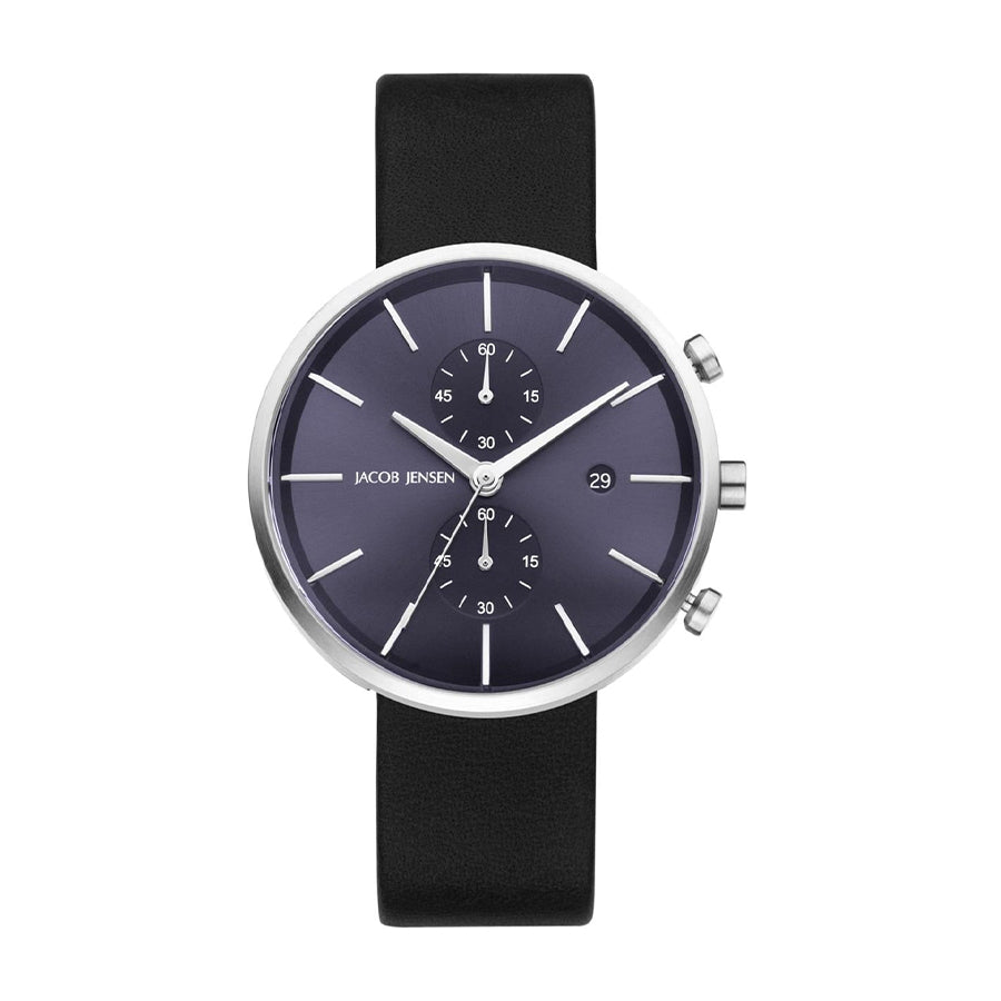 Uhr mit schwarzem Lederarmband und blauem Zifferblatt, Chronograph mit silbernem Gehäuse