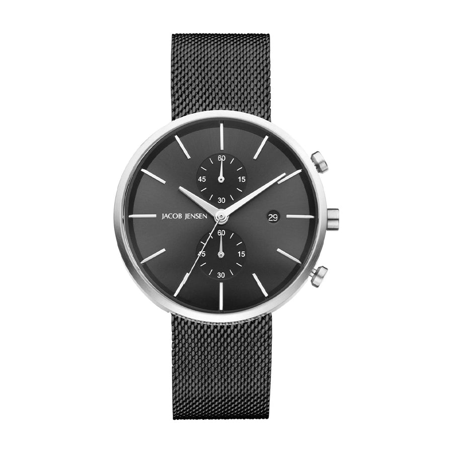 Herrenarmbanduhr mit schwarzem Zifferblatt, silbernem Gehäuse und schwarzem Mesh-Armband