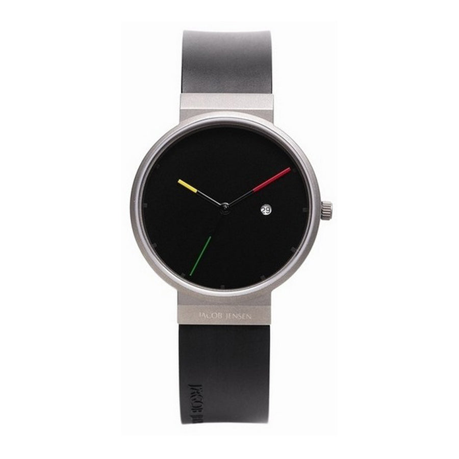 Uhr mit schwarzem Zifferblatt, silbernem Gehäuse und schwarzem Silikonarmband, farbige Zeiger in Rot, Gelb und Grün