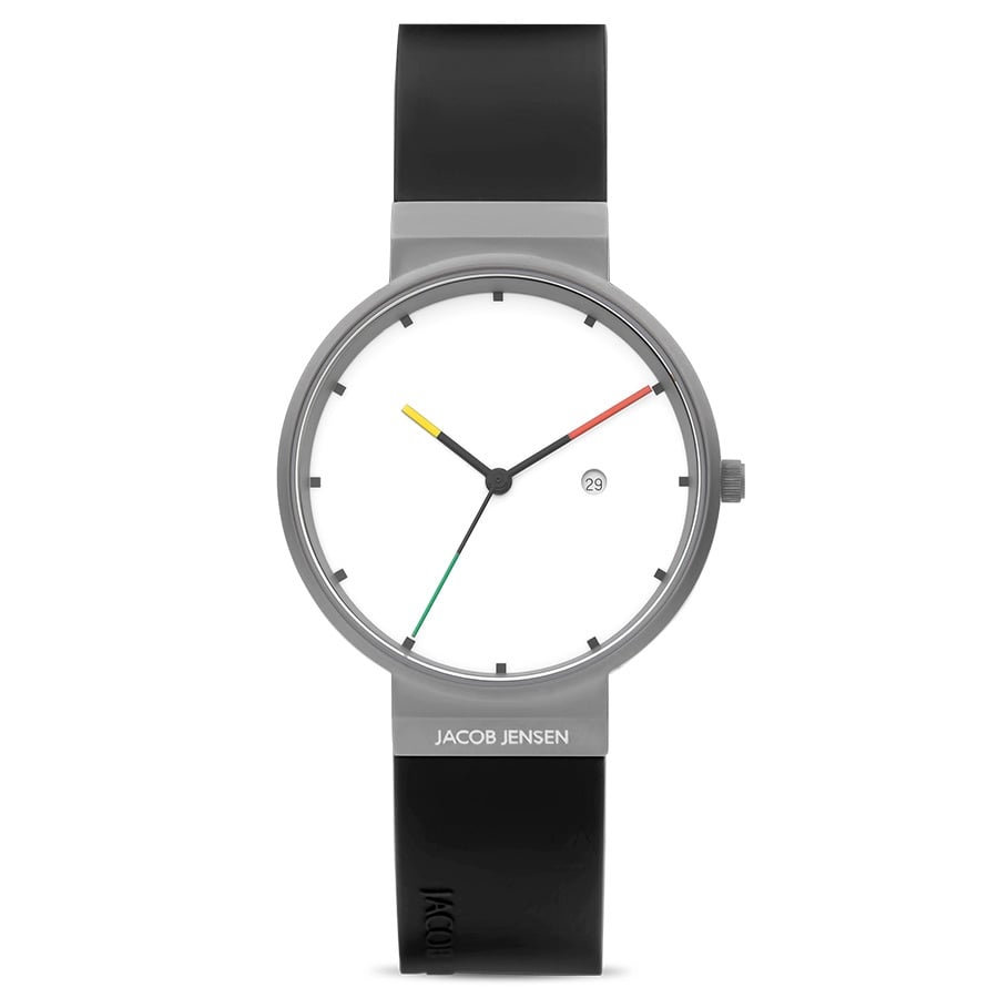 Uhr mit silbernem Gehäuse, weißem Zifferblatt und schwarzem Armband, farbige Akzente auf dem Zifferblatt