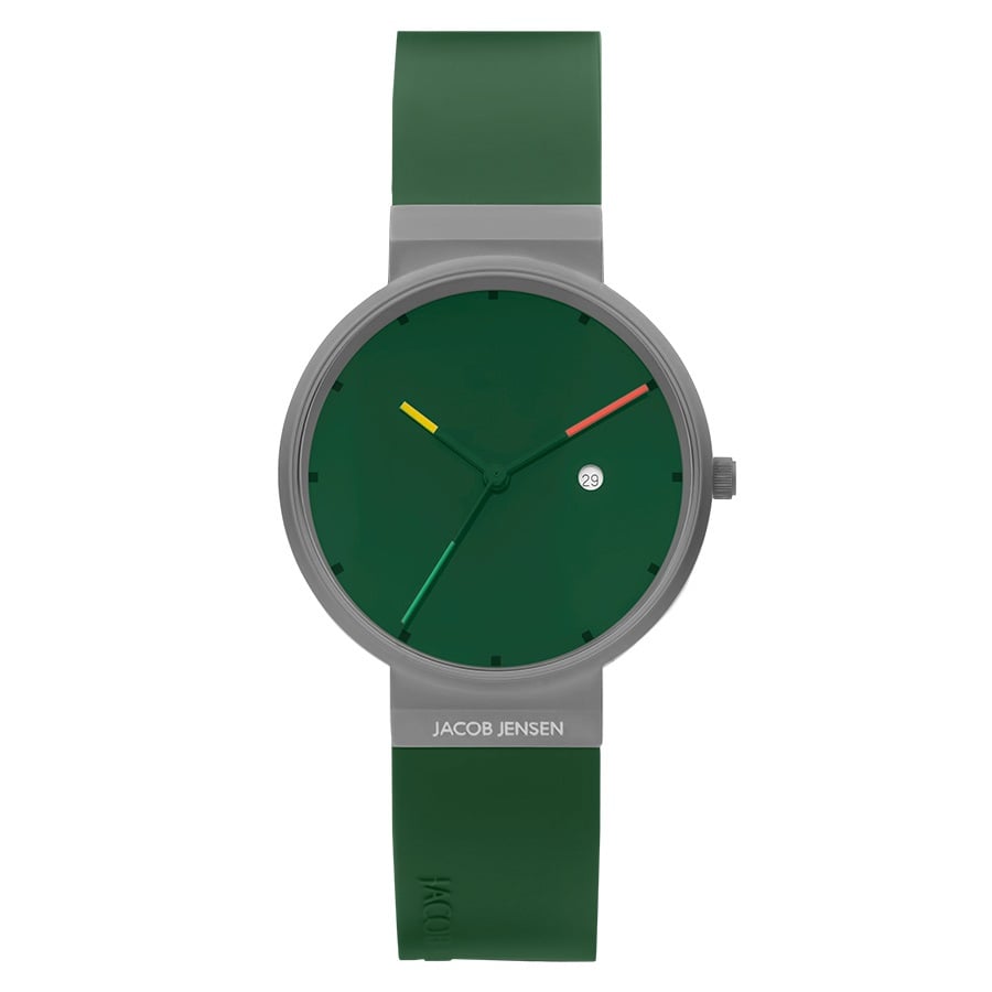 Uhr mit grünem Zifferblatt, grauem Gehäuse und grünem Silikonarmband, farbige Zeiger