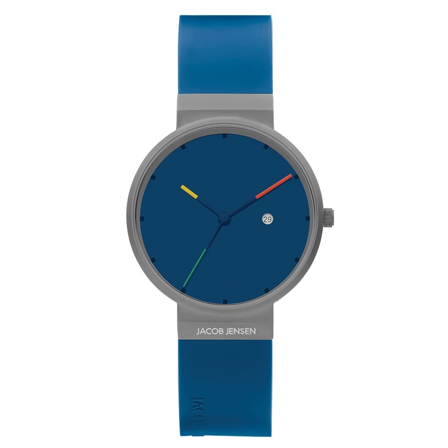 Uhr mit grauem Gehäuse, blauem Zifferblatt und blauer Silikonarmband, farbige Zeiger