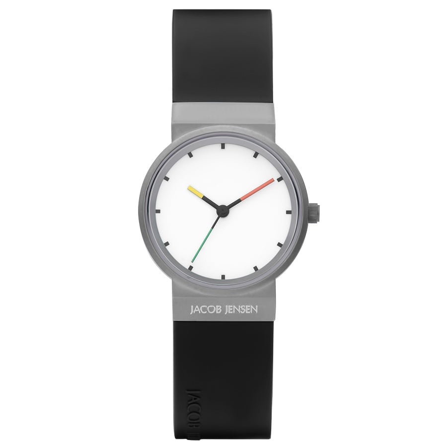 Uhr mit grauem Gehäuse, weißem Zifferblatt und schwarzem Silikonarmband