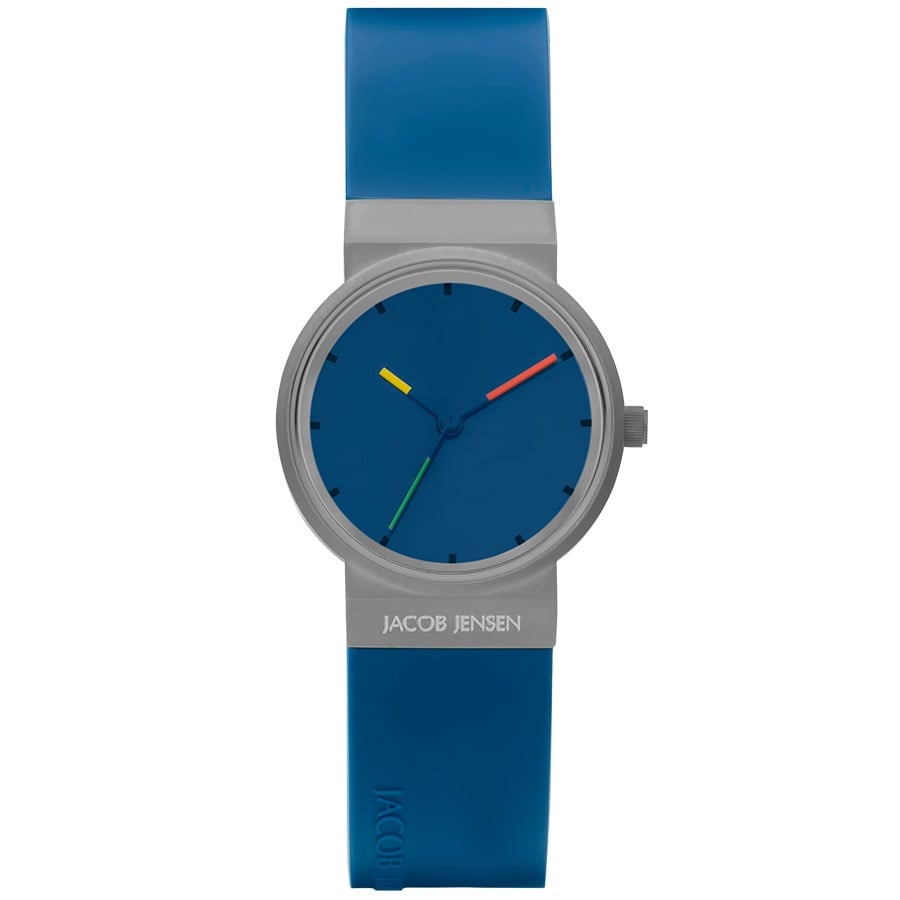 Uhr mit blauem Zifferblatt, grauem Gehäuse und blauem Silikonarmband