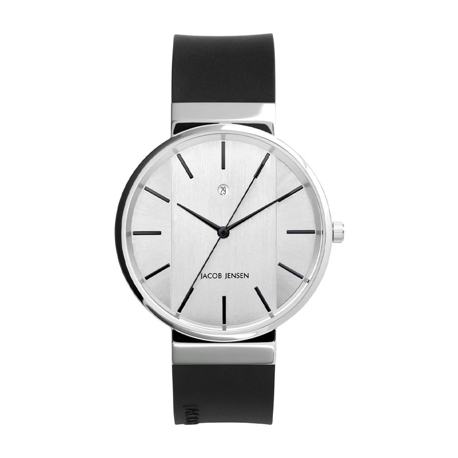 Uhr mit silbernem Zifferblatt, schwarzem Silikonarmband und minimalistischer Gestaltung
