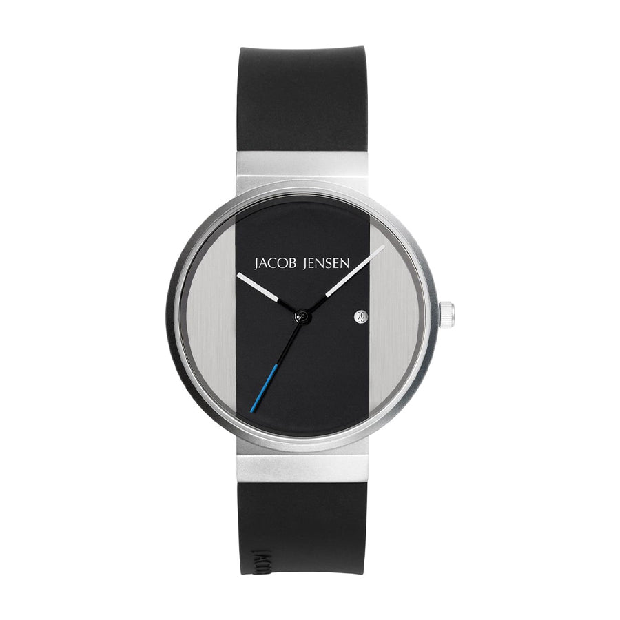 Uhr mit schwarzem Zifferblatt, Edelstahlgehäuse und schwarzem Silikonarmband