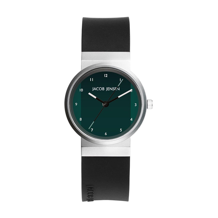 Uhr mit grünem Zifferblatt, silbernem Gehäuse und schwarzem Silikonarmband