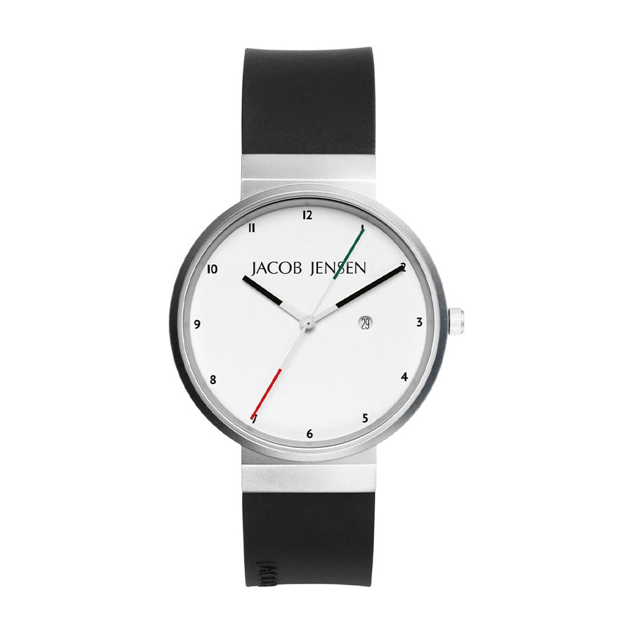Uhr mit silbernem Gehäuse, weißem Zifferblatt und schwarzem Silikonarmband