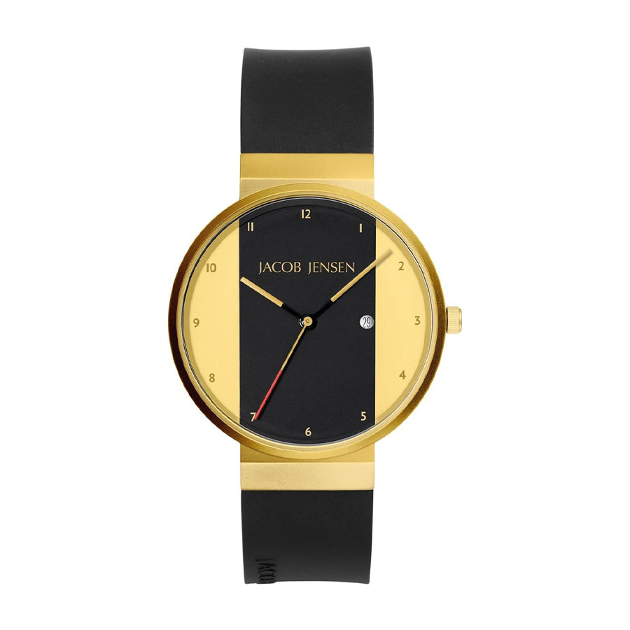 Uhr mit schwarzem Zifferblatt, goldfarbenem Gehäuse und schwarzem Silikonarmband
