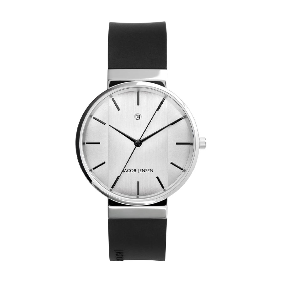 Uhr mit silbernem Zifferblatt, schwarzem Silikonarmband und minimalistischer Gestaltung