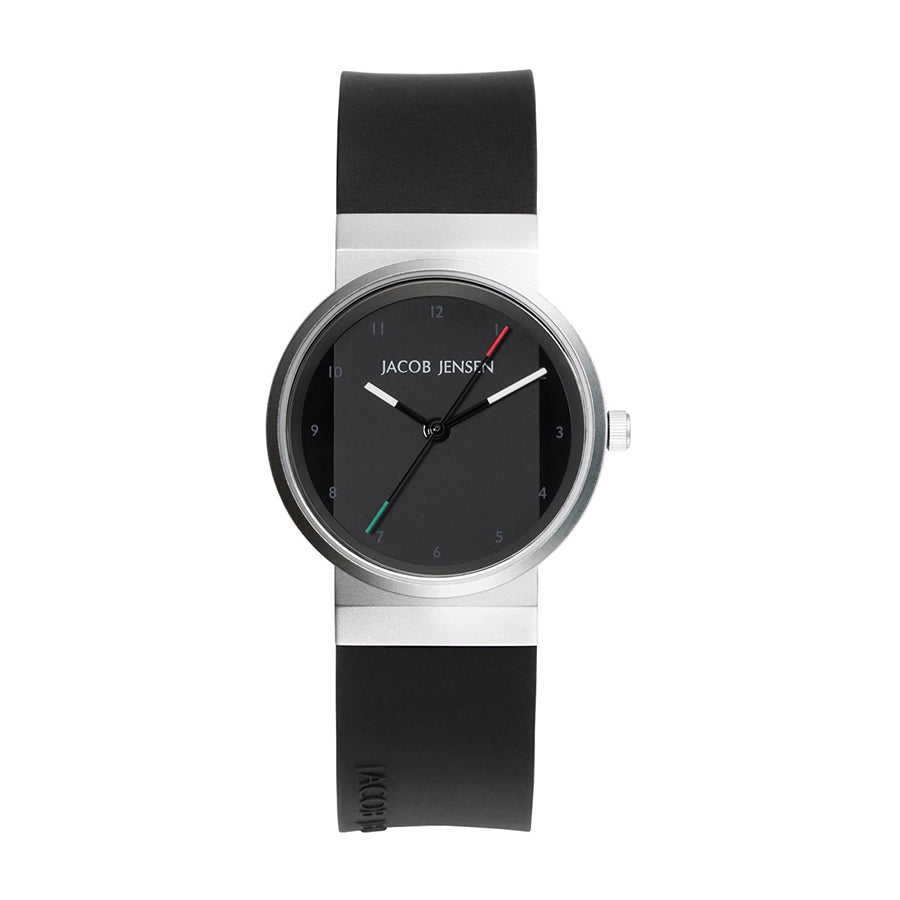 Uhr mit schwarzem Zifferblatt, silbernem Gehäuse und schwarzem Silikonarmband