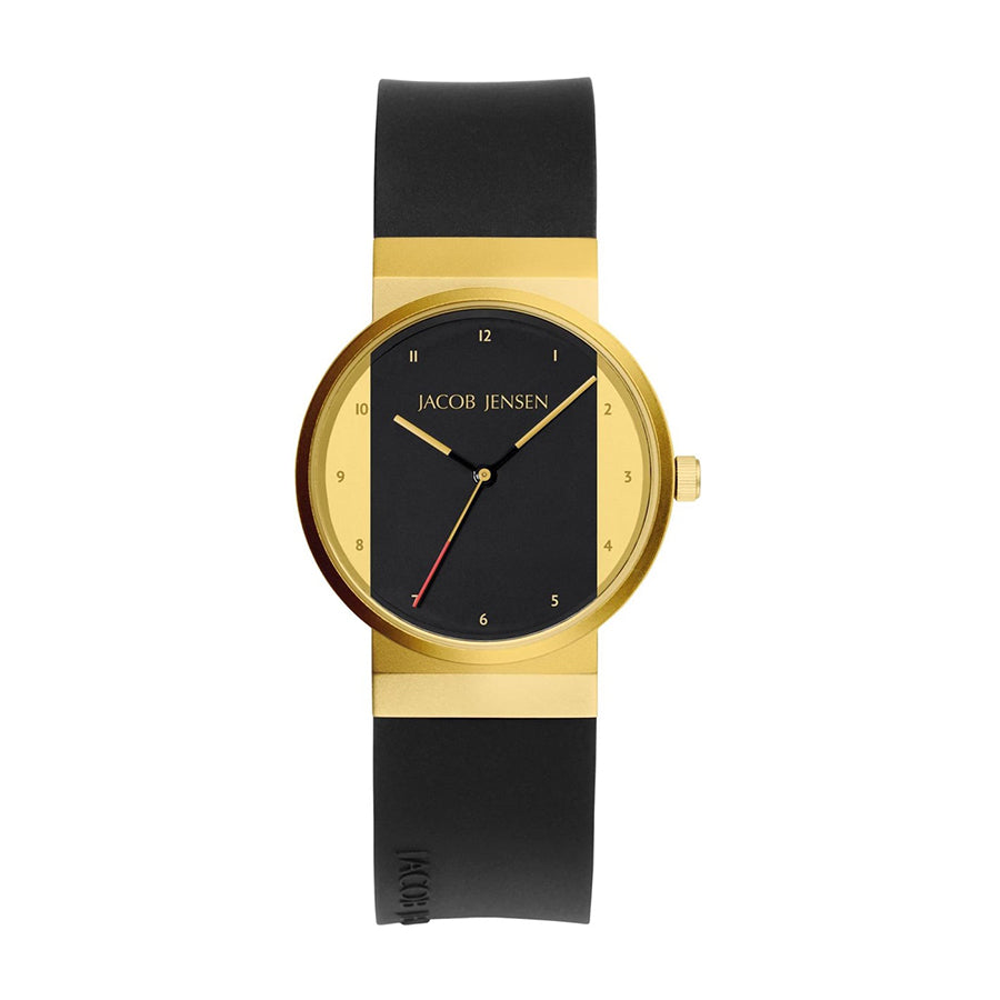 Uhr mit schwarzem Zifferblatt, goldfarbenem Gehäuse und schwarzem Silikonarmband