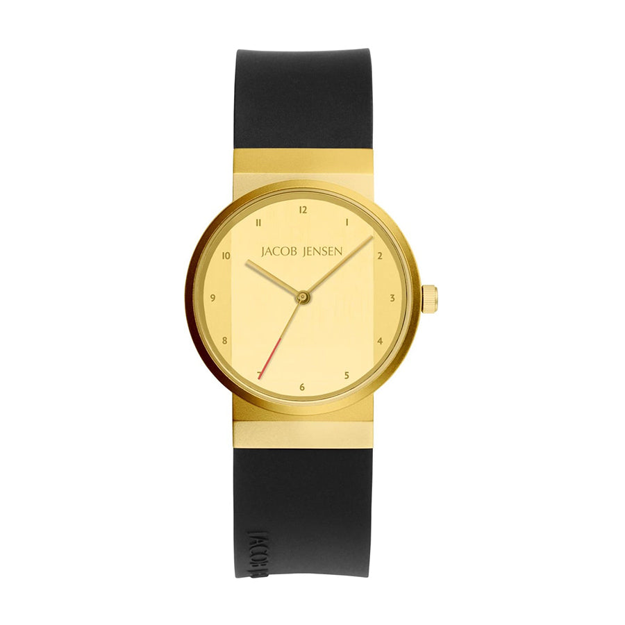 Uhr mit goldfarbenem Gehäuse, schwarzem Silikonarmband und goldenem Zifferblatt mit rotem Sekundenzeiger