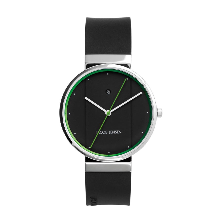 Uhr mit schwarzem Zifferblatt, grünen Akzenten und schwarzem Silikonarmband