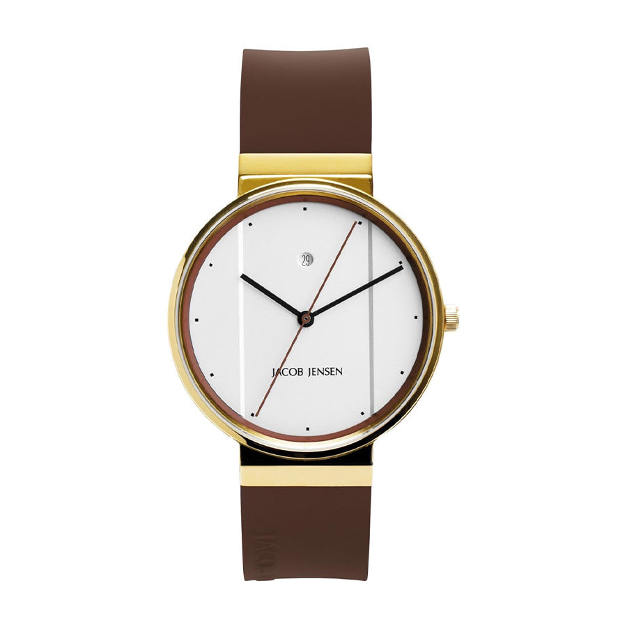 Uhr mit goldfarbenem Gehäuse, weißem Zifferblatt und braunem Silikonarmband