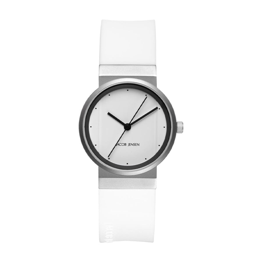 Uhr mit silbernem Gehäuse, weißem Zifferblatt und transparentem Silikonarmband