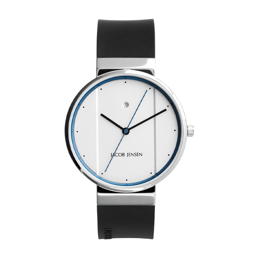 Uhr mit silbernem Gehäuse, weißem Zifferblatt, blauen Akzenten und schwarzem Silikonarmband