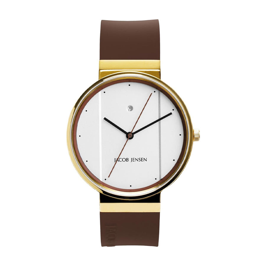 Uhr mit weißem Zifferblatt, goldfarbenem Gehäuse und braunem Silikonarmband