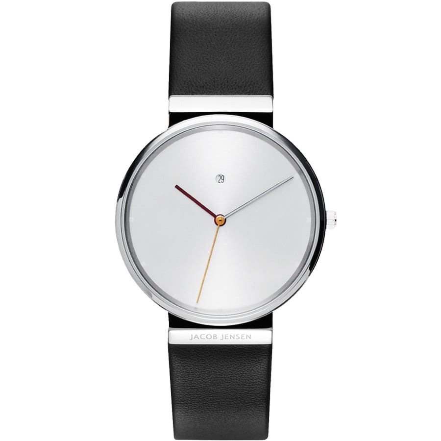Uhr mit silbernem Zifferblatt, schwarzem Lederarmband und minimalistischen Zeigern