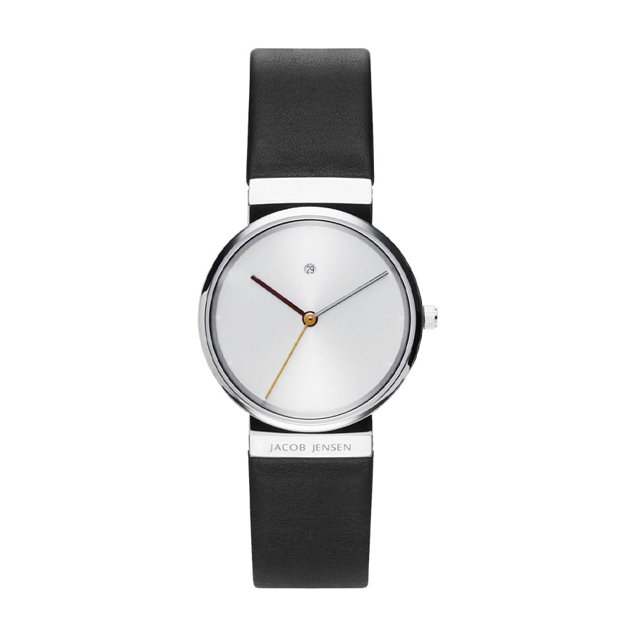Uhr mit silbernem Zifferblatt, schwarzem Lederarmband und minimalistischen Zeigern in Rot und Gelb